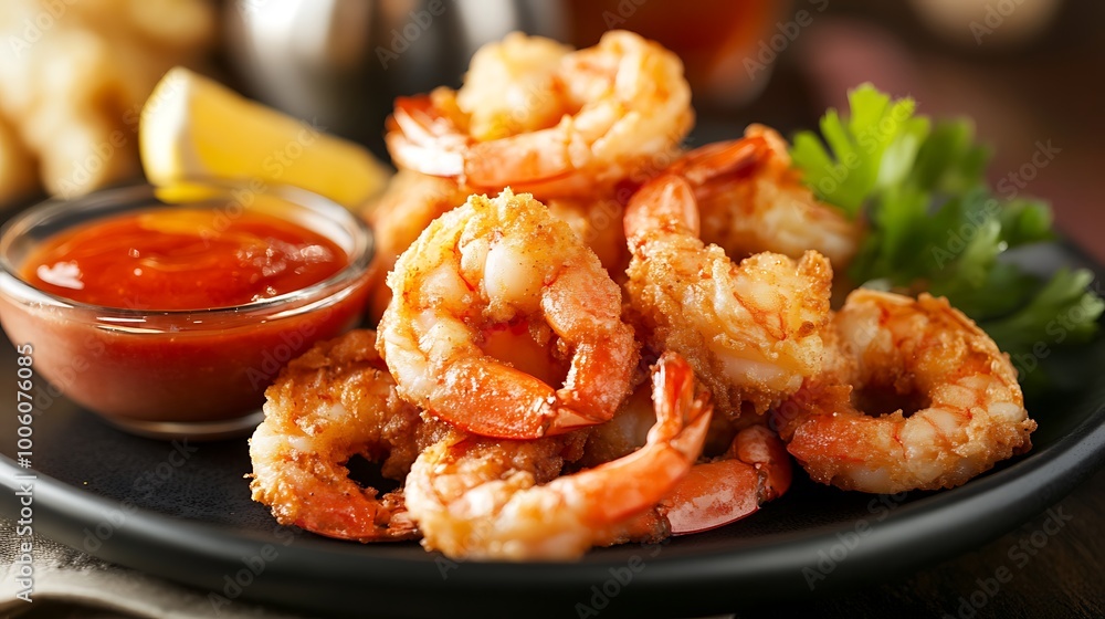 A plate of crispy fried shrimp served with a side of cocktail sauce A plate of crispy fried shrimp served with a side of cocktail sauce