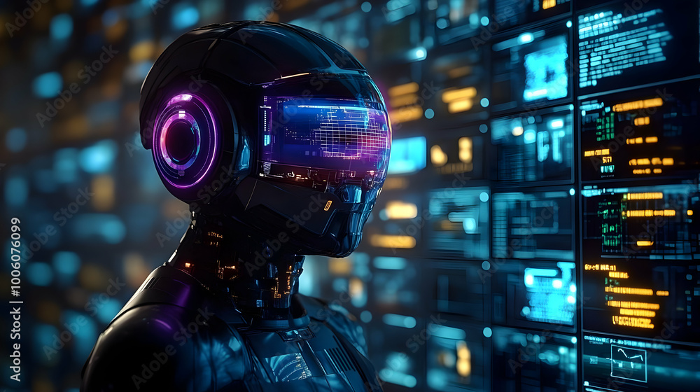 Futuristic Robot with Glowing Lights in a Cybernetic World Futuristic Robot with Glowing Lights in a Cybernetic World