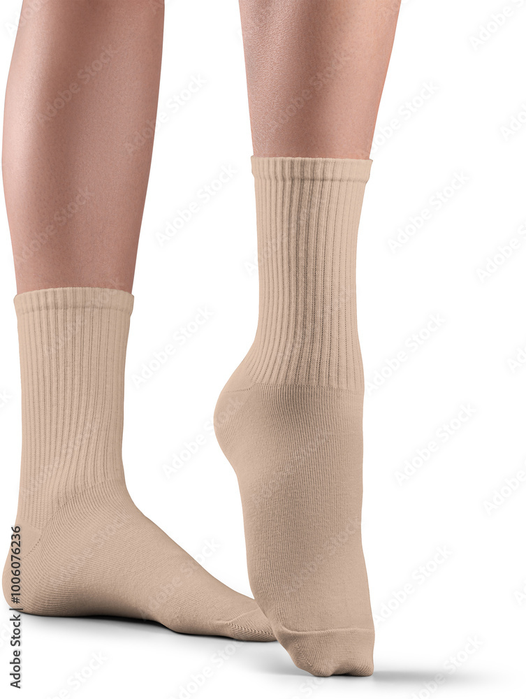 Mockup of high, long tan, nude, beige socks on women's legs, png, front view Mockup of high, long tan, nude, beige socks on women's legs, png, front view