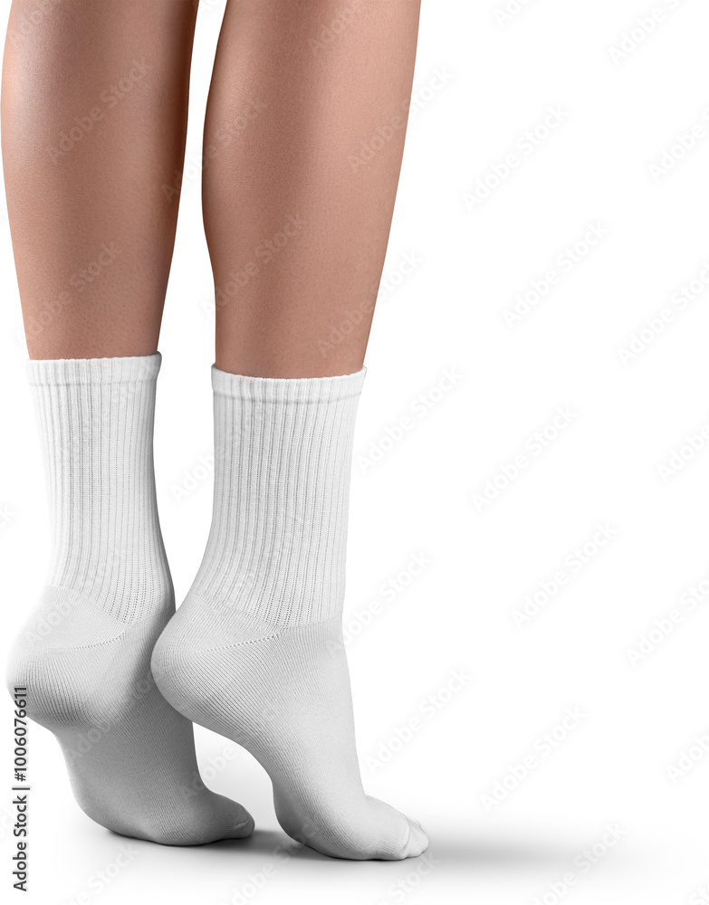 Mockup of high, long white socks on women's legs, png, side view Mockup of high, long white socks on women's legs, png, side view