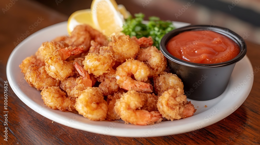A plate of crispy fried shrimp served with a side of cocktail sauce A plate of crispy fried shrimp served with a side of cocktail sauce