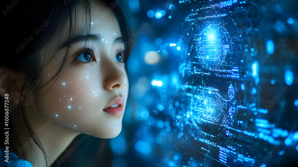 A Woman Looks at a Futuristic Interface A Woman Looks at a Futuristic Interface