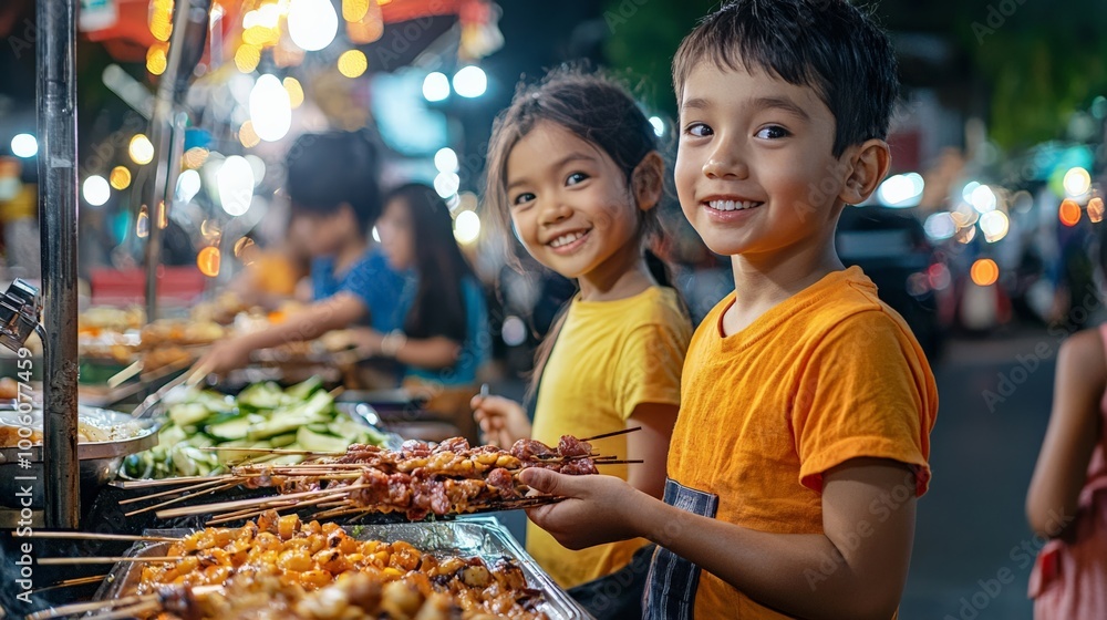 Two children standing in line at a street food vendor, eagerly choosing fresh, healthy options like grilled vegetables, with the bustling street providing a vibrant yet challenging backdrop Two children standing in line at a street food vendor, eagerly choosing fresh, healthy options like grilled vegetables, with the bustling street providing a vibrant yet challenging backdrop