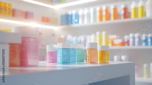 pharmacy counter with shelves of colorful medicine boxes, a variety of pill bottles, soft white lighting, and a blurred white background giving a clean and sterile atmosphere