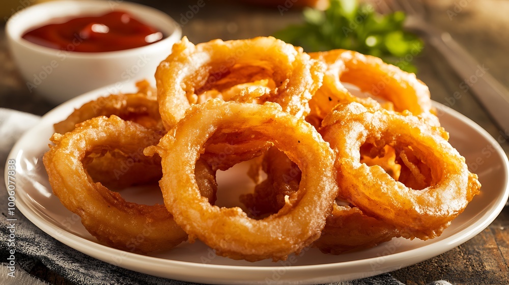 A plate of crispy, golden onion rings with a side of barbecue sauce A plate of crispy, golden onion rings with a side of barbecue sauce