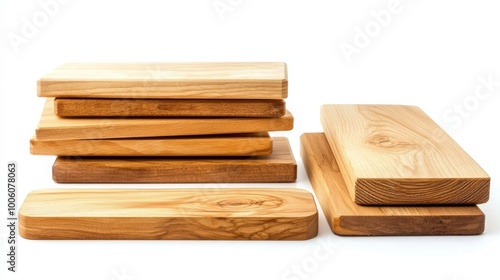 set of 2x4 wooden boards in various lengths and orientations, isolated on white, showcasing high-quality timber with natural wood grain, ideal for building materials, carpentry, or woodworking content