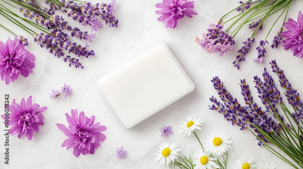 2409_086.an elegant flat lay featuring a mild soap bar alongside fresh lavender and chamomile flowers, emphasizing the natural ingredients and soothing properties suited for sensitive skin 2409_086.an elegant flat lay featuring a mild soap bar alongside fresh lavender and chamomile flowers, emphasizing the natural ingredients and soothing properties suited for sensitive skin