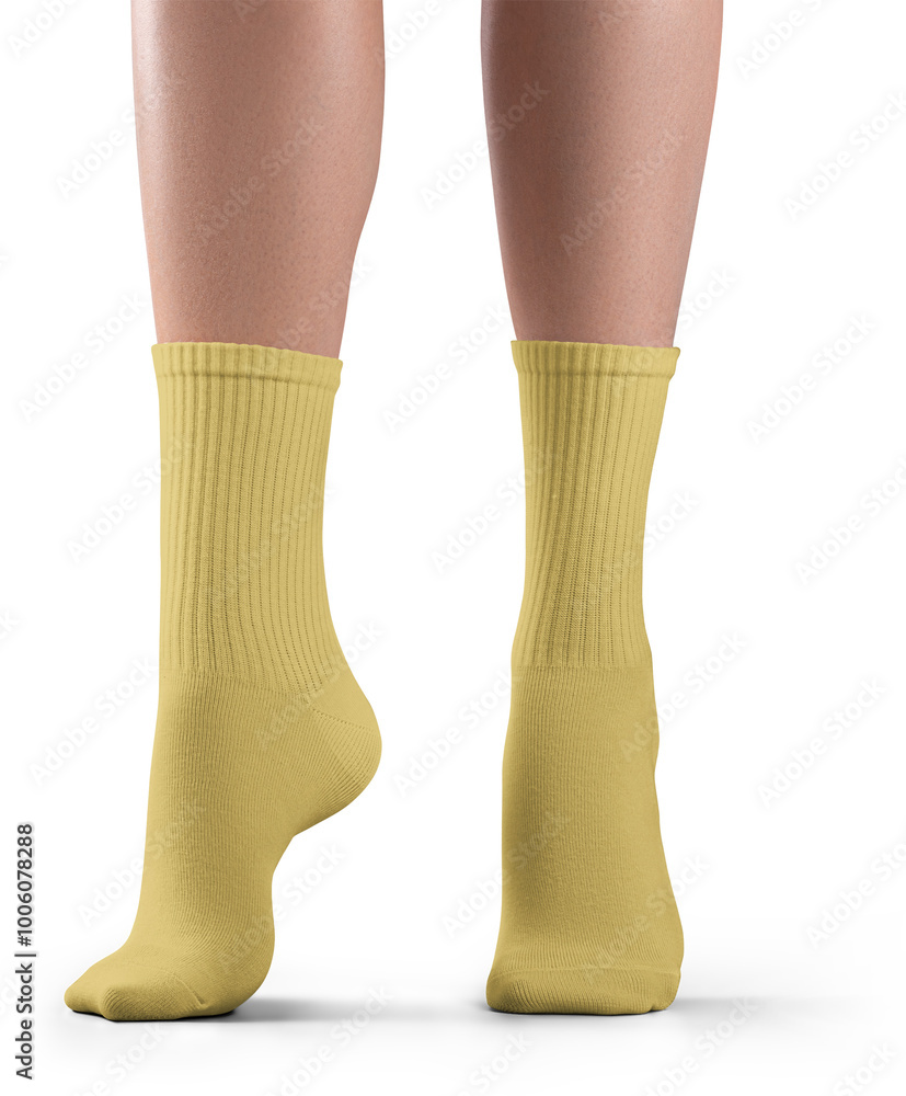 Mockup of high, long yellow socks on women's legs, png, front view Mockup of high, long yellow socks on women's legs, png, front view