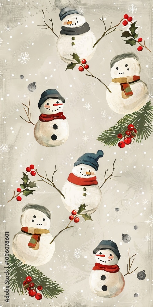 Repeating pattern of snowmen and holiday garlands. Repeating pattern of snowmen and holiday garlands.