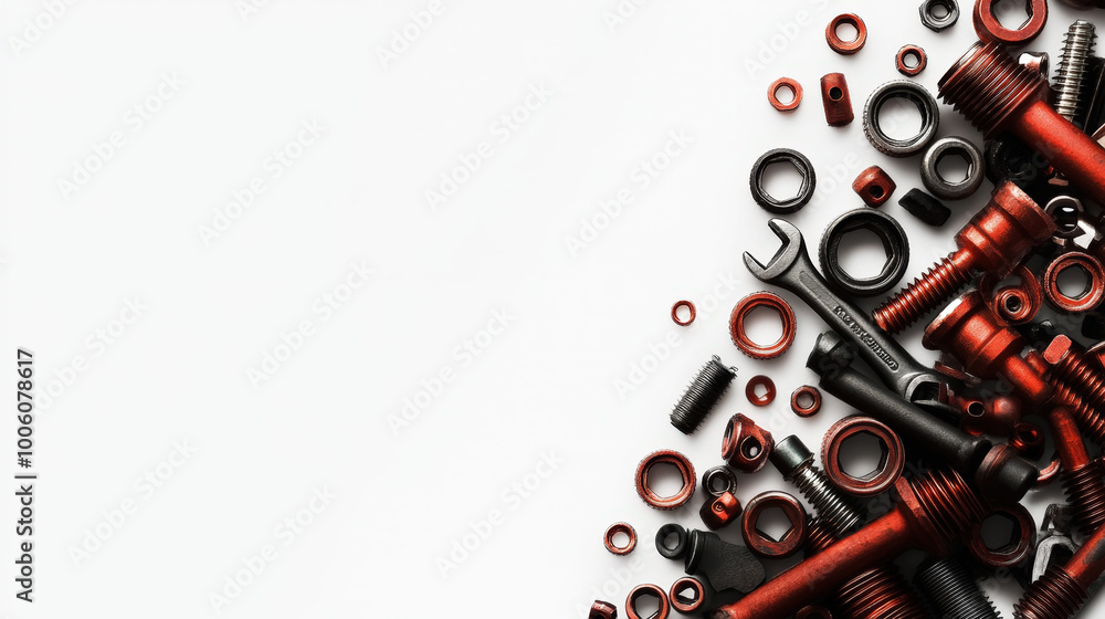Fototapeta premium Industrial template, mix of cylinders, bolts and nuts, wrench on light background. Copy space. Generative AI