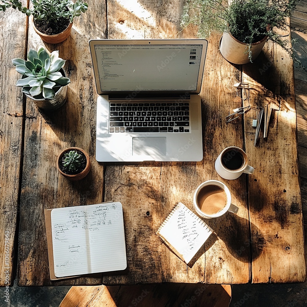 An overhead flat lay shot of a modern workspace setup on a rustic wooden desk.