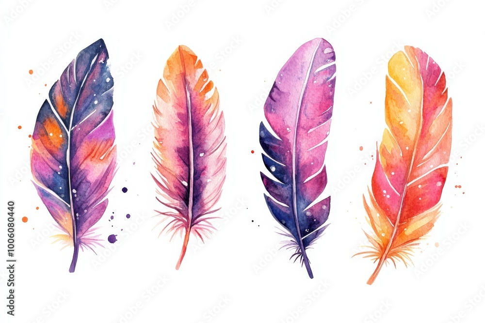Watercolor Feather Set: Hand-Drawn Boho Style Illustrations with Vibrant Colors Watercolor Feather Set: Hand-Drawn Boho Style Illustrations with Vibrant Colors