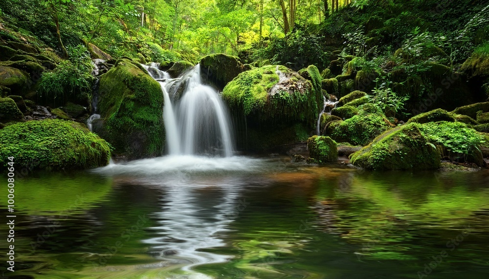 Serene Forest Waterfall with Lush Greenery and Scenic Beauty for Nature and Relaxation Concepts Serene Forest Waterfall with Lush Greenery and Scenic Beauty for Nature and Relaxation Concepts