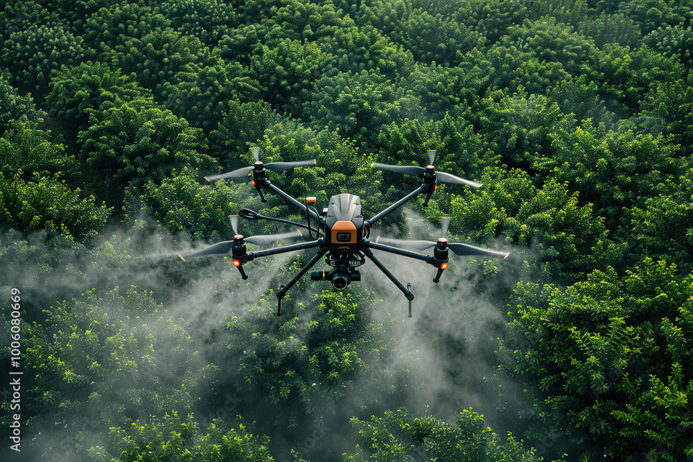 Fototapeta premium Drone flying in the sky over nature during observation