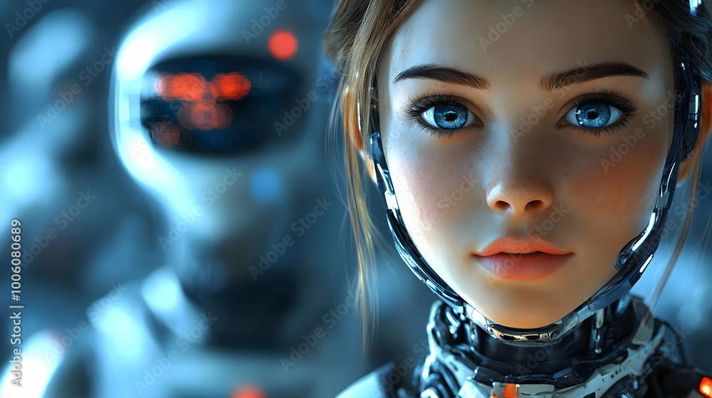 Cyberpunk Girl with Blue Eyes and Mechanical Accessories Cyberpunk Girl with Blue Eyes and Mechanical Accessories