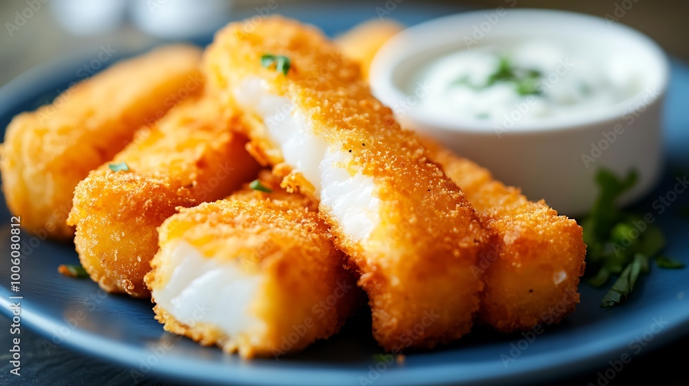 A plate of crispy, golden-brown fish sticks with a side of tartar sauce A plate of crispy, golden-brown fish sticks with a side of tartar sauce