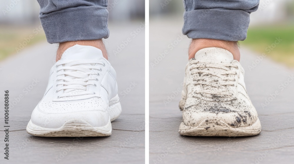 2409_126.a split image showing one side with dry, healthy-looking shoes and socks, and the other with damp, moldy footwear, illustrating the contrast and consequences of wearing wet items 2409_126.a split image showing one side with dry, healthy-looking shoes and socks, and the other with damp, moldy footwear, illustrating the contrast and consequences of wearing wet items