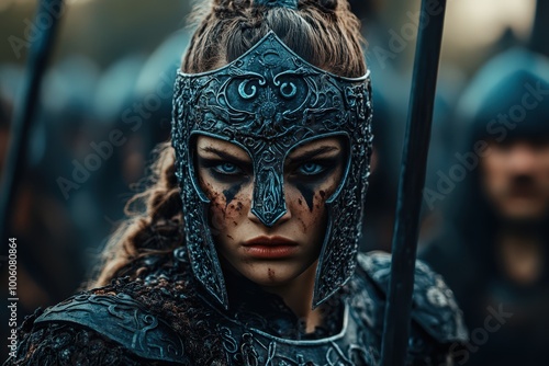 A fierce female warrior with a marked face stands confidently in a battlefield, wearing intricate armor, representing fierce people in the face of adversity. photo