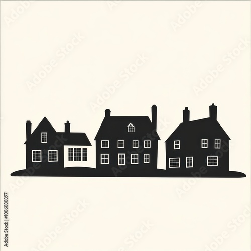 Stylish silhouette of three distinct houses lined up, perfect for home-themed designs and illustrations.