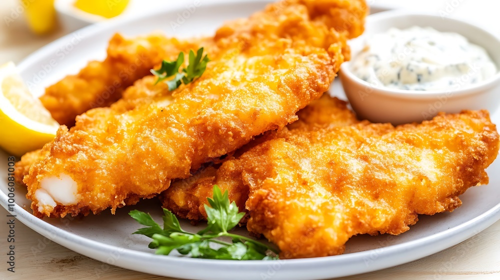 A plate of crispy, golden-brown fish sticks with a side of tartar sauce A plate of crispy, golden-brown fish sticks with a side of tartar sauce