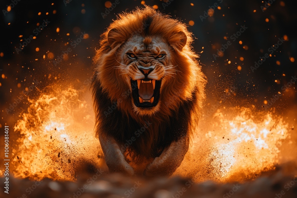 Angry lion with open mouth. Expression of anger. Portrait of a large male lion with an open mouth on a dark background. Fire Lion