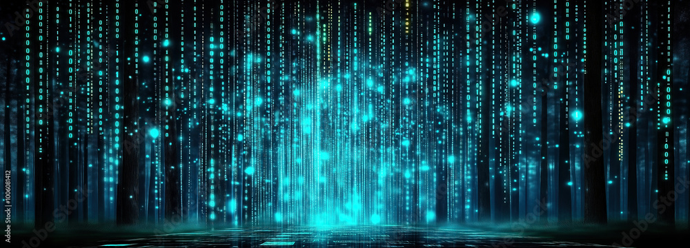 A striking visual representation of artificial intelligence concepts showcases a dynamic background filled with cascading blue lights, symbolizing technological advancement A striking visual representation of artificial intelligence concepts showcases a dynamic background filled with cascading blue lights, symbolizing technological advancement