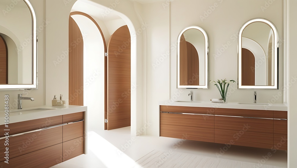 Modern bathroom with wooden cabinets, dual sinks, and arched mirrors, light background. Contemporary home or hotel concept. 3D Rendering Modern bathroom with wooden cabinets, dual sinks, and arched mirrors, light background. Contemporary home or hotel concept. 3D Rendering
