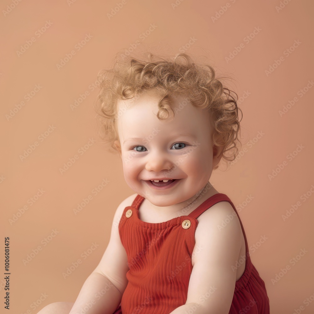 Naklejka premium Adorable smiling toddler with curly golden hair in a cute outfit sitting against a soft peach background