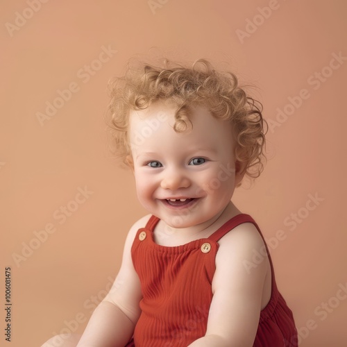 Adorable smiling toddler with curly golden hair in a cute outfit sitting against a soft peach background