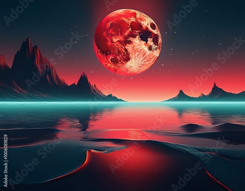 Surreal Coastal Landscape with Red Moon at Night, Minimalist Background for Mobile Devices, IOS, Android photo