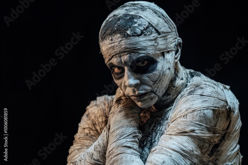 Mummy. Dark Studio Shot Portrait of Young Man in Creepy Mummy Costume on Black Background