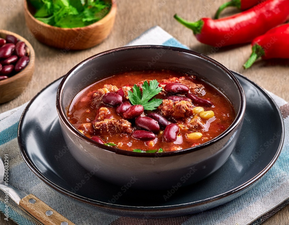 Traditional chili soup with meat and red beans Traditional chili soup with meat and red beans