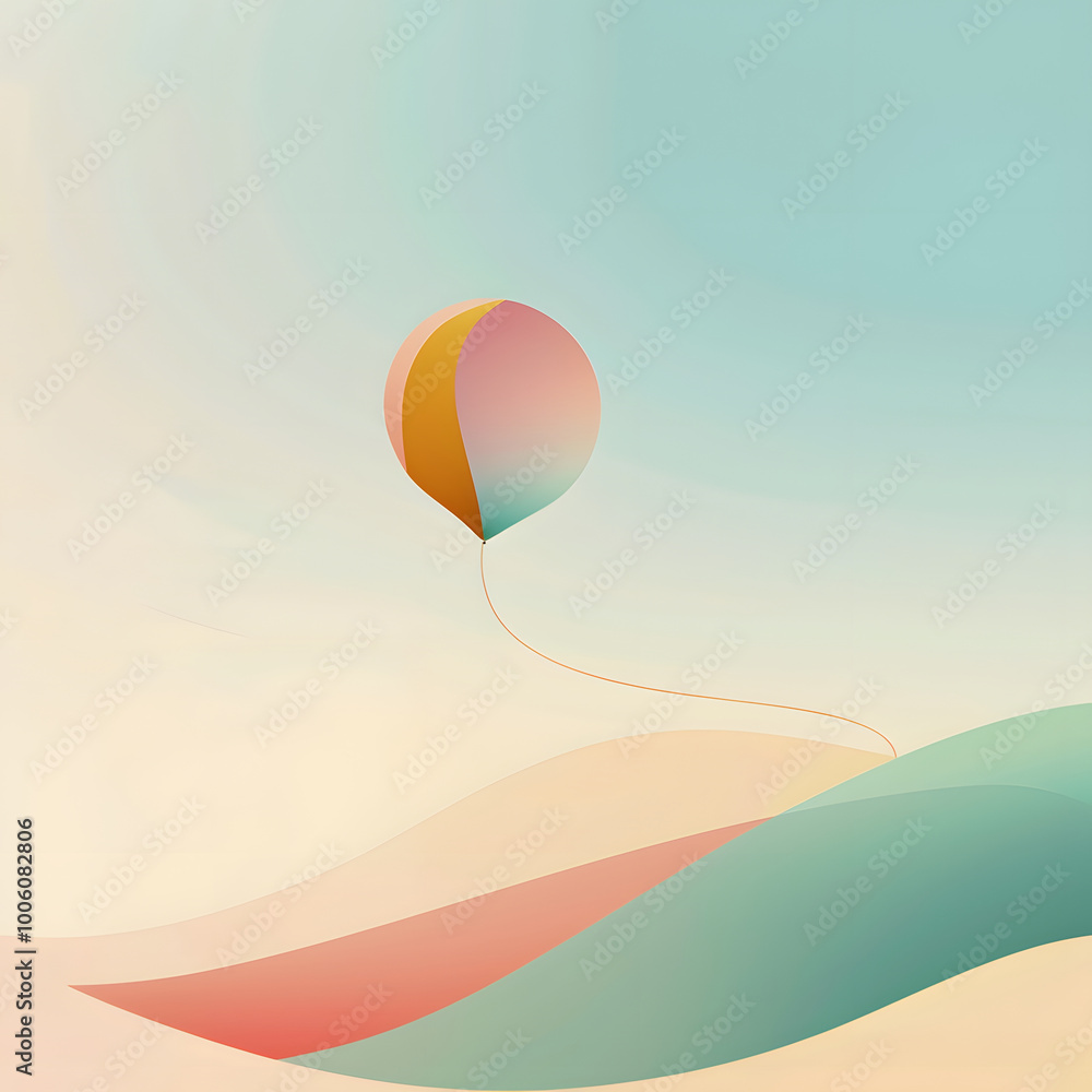 Fototapeta premium serene abstract design featuring rising balloon against soft, pastel landscape. gentle curves and colors evoke sense of calm and tranquility, inviting viewers to dream