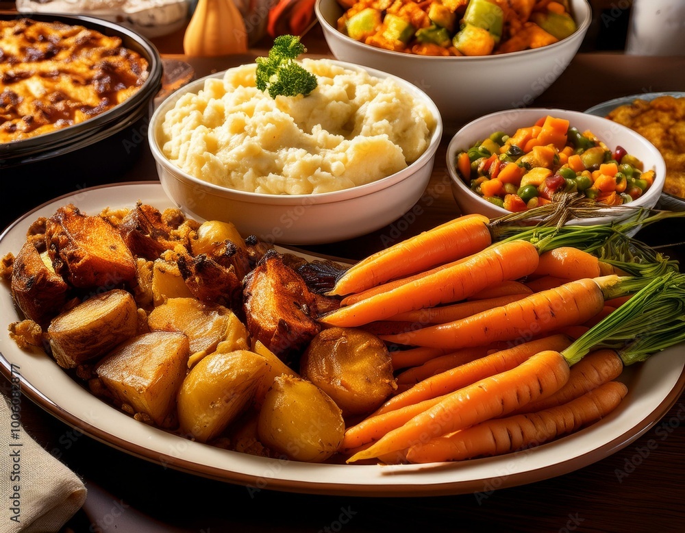Variety of Thanksgiving sides on the dinner table, carrots, mashed potatoes, sweet potato casserole and stuffing Variety of Thanksgiving sides on the dinner table, carrots, mashed potatoes, sweet potato casserole and stuffing