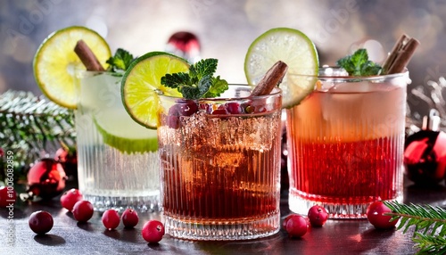 Variety of festive Christmas cocktails with cranberry and lime