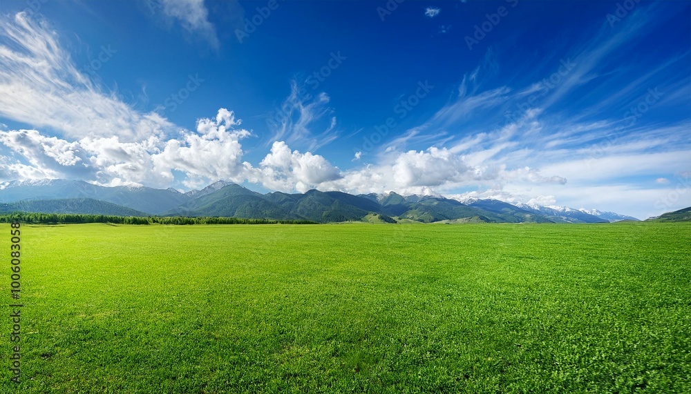 Vast Green Grass Field Under Vibrant Blue Sky with Fluffy White Clouds and Mountain Range in the Background - Idyllic Natural Landscape for Serenity and Freedom Vast Green Grass Field Under Vibrant Blue Sky with Fluffy White Clouds and Mountain Range in the Background - Idyllic Natural Landscape for Serenity and Freedom