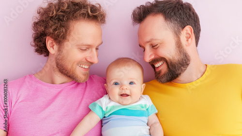 Joyful male same sex couple cuddling while holding their smiling baby daughter against a soft pink background