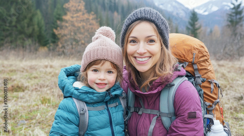 Mother and daughter enjoying a joyful outdoor hike in a scenic mountain landscape, wearing colorful winter jackets and knitted hats, showcasing family togetherness and adventure