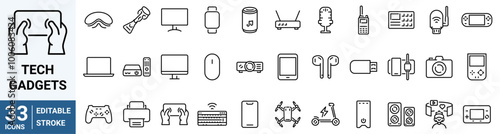 Tech gadgets icon set. Containing smartphone, laptop, tablet, smartwatch, drone, headphones, digital camera, smart TV, gaming console