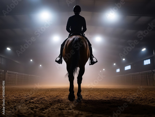 A silhouetted equestrian sits on a horse preparing for competition in a dramatically lit indoor arena, conveying focus, determination, and readiness for the event.