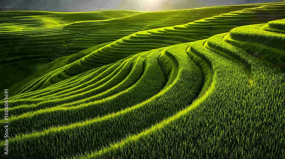 Fototapeta premium Terraced rice fields are areas of rice cultivation on hillsides or mountains that are divided into terraces, perfect for designs related to nature, agriculture, rural life, or cultural tourism.