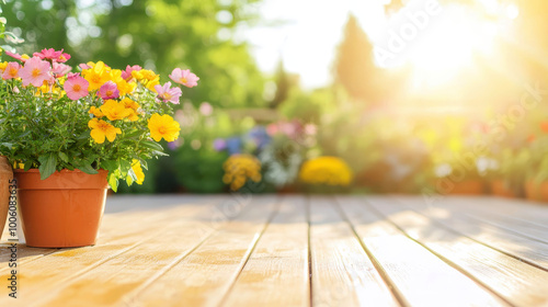 Bright outdoor scene with vibrant potted flowers on a sunshine-filled patio deck in a garden setting