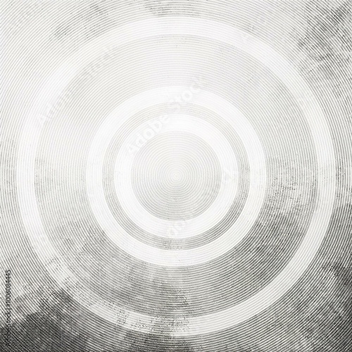 White abstract background with white circle rings in faded distressed vintage grunge texture design, old geometric pattern paper in modern art design