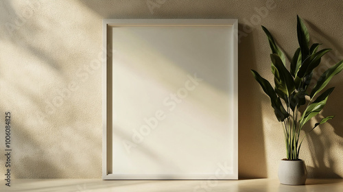 A large white wall with a black frame and a white board, blank black frame with mat mock up, poster frame on wooden floor with sunlight.