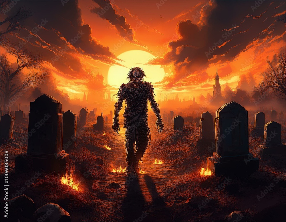 Fototapeta premium Zombie Walking in Burning Cemetery at Sunset with Fiery Sky, Digital Art, Post-Apocalyptic Horror Scene