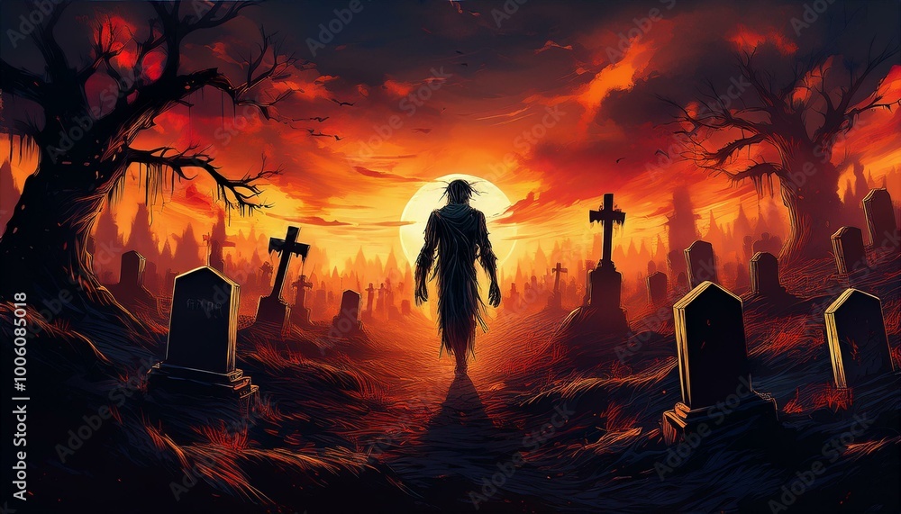 Zombie Walking Through Burnt Cemetery in Fiery Sky Setting, Digital Art, Apocalyptic Horror Scene with Crosses and Grave Markers at Night, Atmospheric Horror Illustration Zombie Walking Through Burnt Cemetery in Fiery Sky Setting, Digital Art, Apocalyptic Horror Scene with Crosses and Grave Markers at Night, Atmospheric Horror Illustration