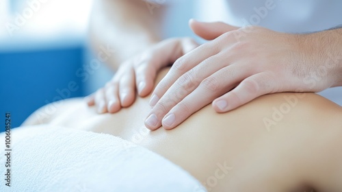 Wallpaper Mural 2409_206.a serene clinic scene featuring a male physiotherapist using a combination of kneading and circular motions on a female patientâ€™s back, with soft lighting and soothing colors Torontodigital.ca