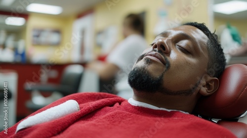 2409_212.a man in a modern barbershop environment, comfortably reclining with a hot towel on his face, the barber preparing scissors and combs on a nearby counter photo