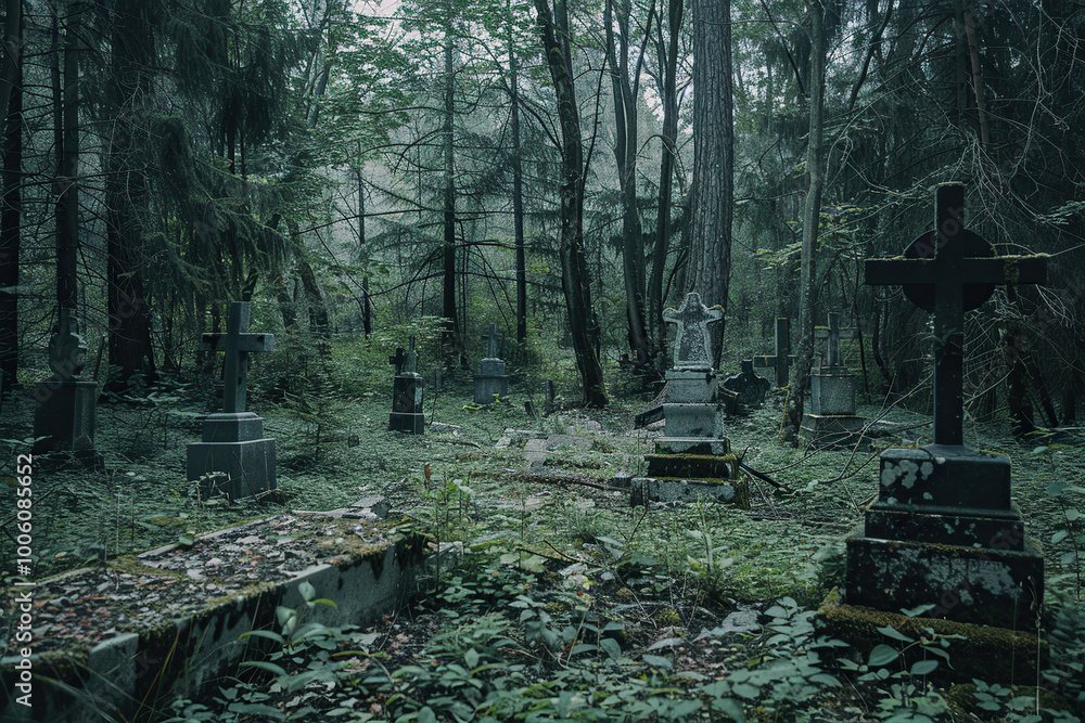 Fantastically mysterious cemetery with tombstones and scary atmosphere Fantastically mysterious cemetery with tombstones and scary atmosphere