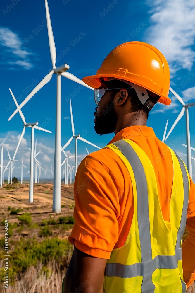 Wind turbine engineer in a desert wind farm, battling the elements to check turbines Wind turbine engineer in a desert wind farm, battling the elements to check turbines